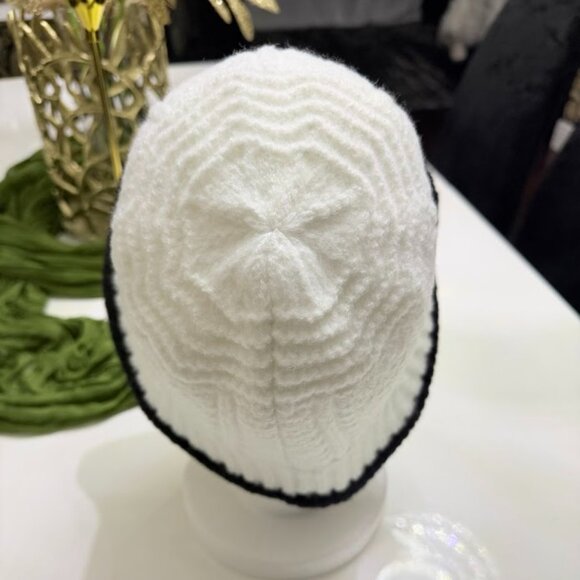 White Knit Cloche Bucket Hat With Black Trim – Winter Hat - Picture 8 of 8